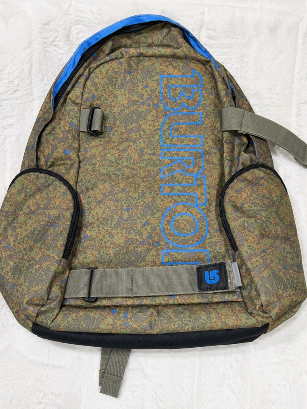 Burton Olive Camo Backpack with Blue Accents